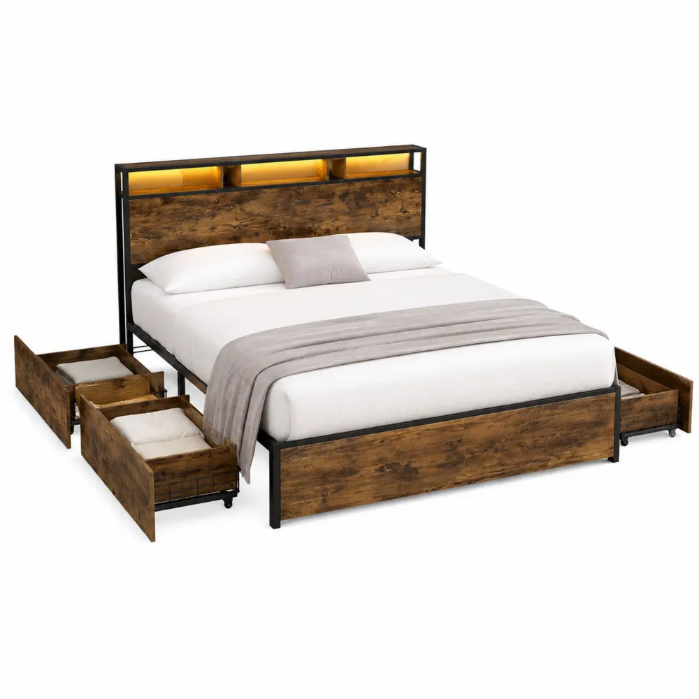 Wood and Metal King Size Bed Frame with Storage Drawers and LED Headboard