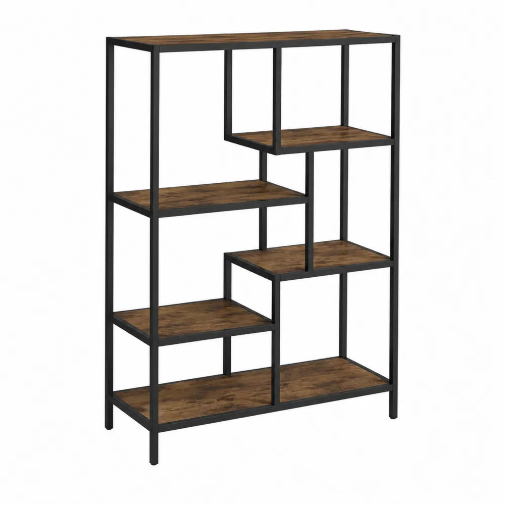 Metal Frame Bookcase with Rustic Wood Shelves, 5-Tier