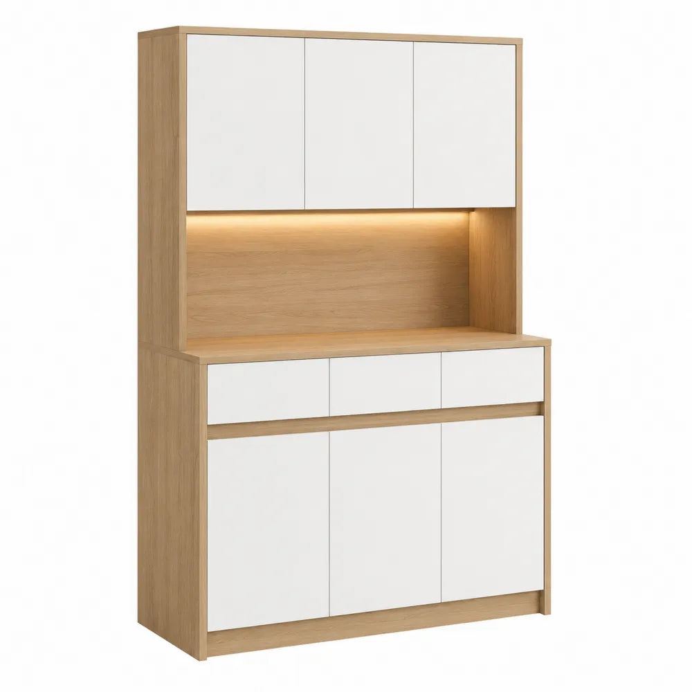 Wood Sideboard Buffet Cabinet with White Doors and LED Light 200cm