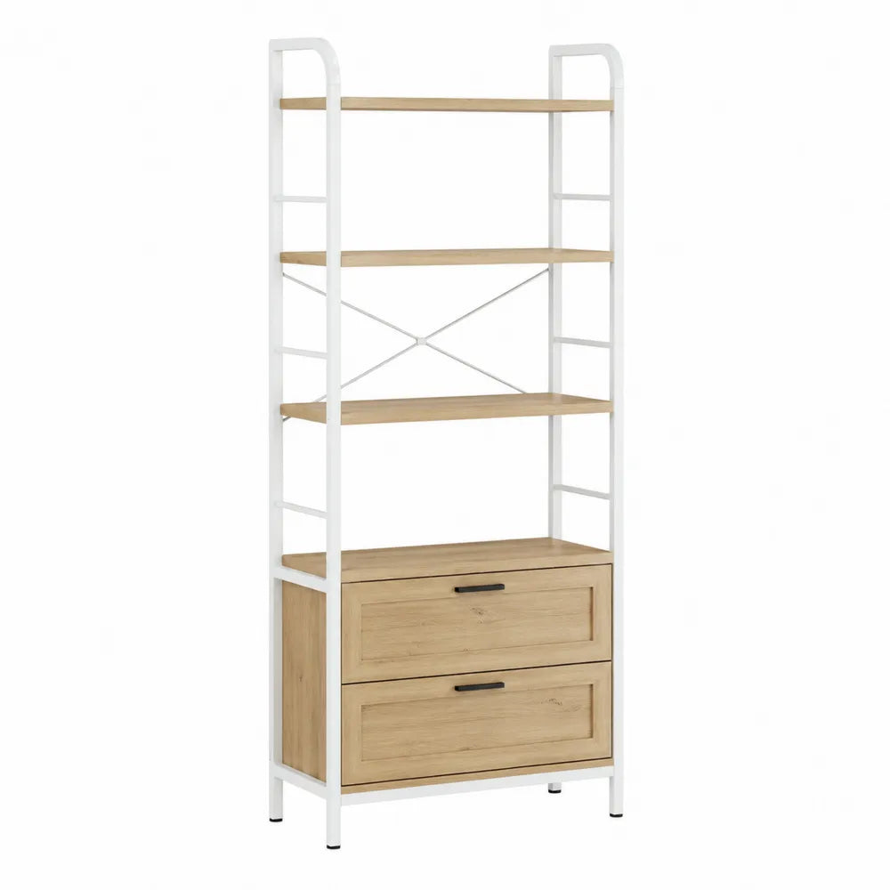 Wood and Metal Bookshelf with Drawers White Oak Finish 60cm x 30cm x 140cm