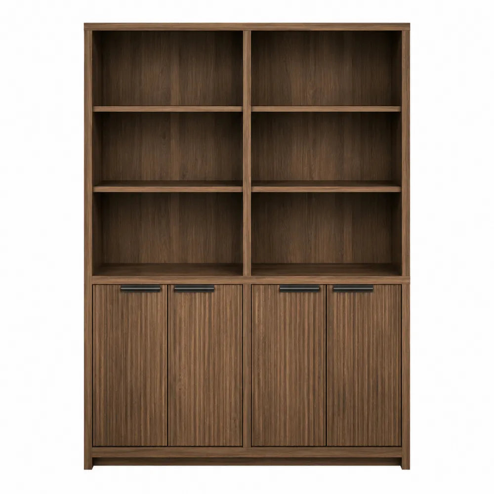 Walnut Wood Bookcase with Doors and Shelves