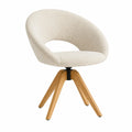 Boucle Fabric Swivel Chair with Wooden Legs - Beige