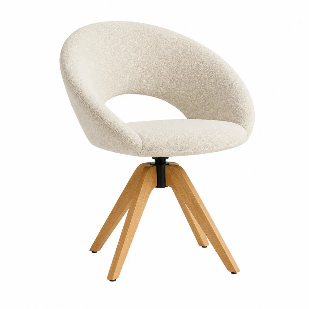 Boucle Fabric Swivel Chair with Wooden Legs - Beige