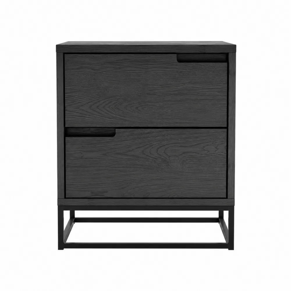 Two-Drawer Oak Veneer Nightstand Black 60cm x 40cm x 70cm