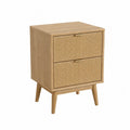 Oak Wood Nightstand with Rattan Drawers