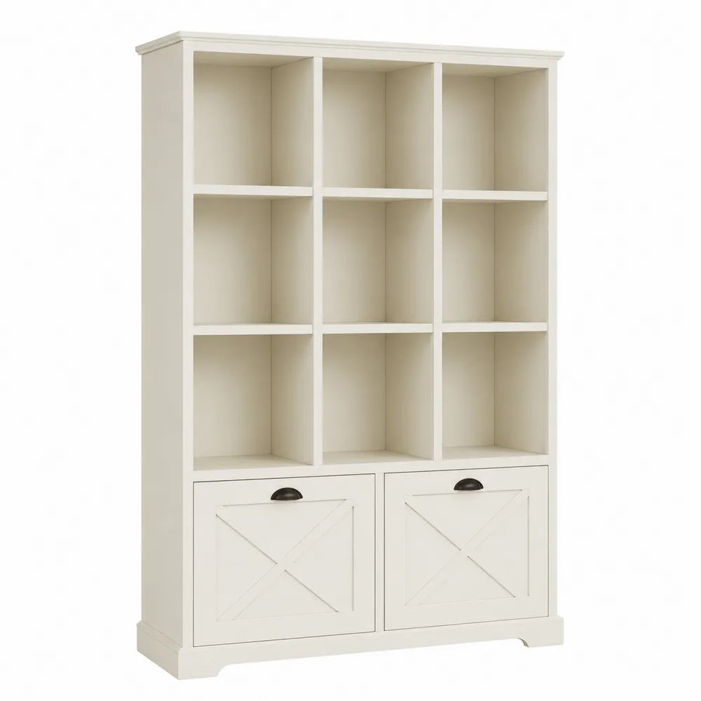 Engineered Wood White 12-Cube Storage Bookcase with 2 Cabinet Drawers