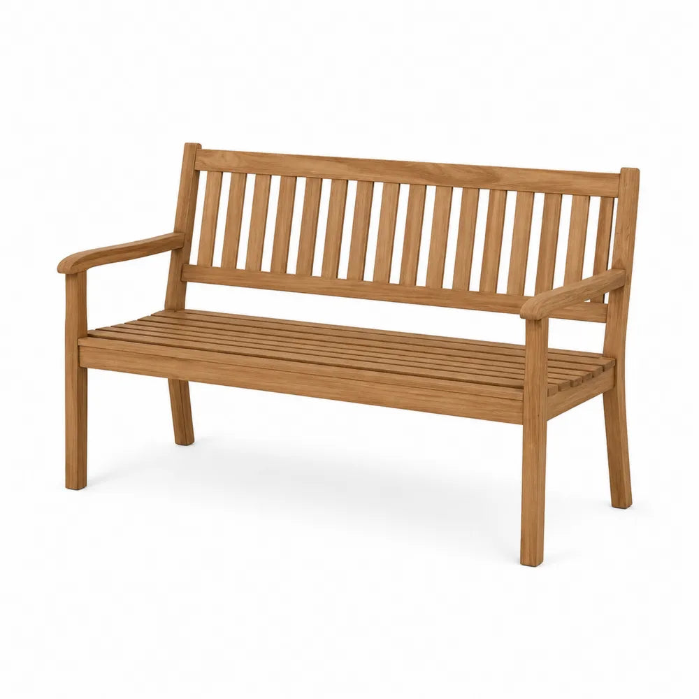 Teak Wood Outdoor Bench with Armrests Slatted Backrest 150cm