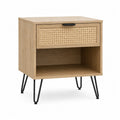 Wood Nightstand with Rattan Drawer and Metal Legs, Natural, 19.7in x 15.7in x 23.6in