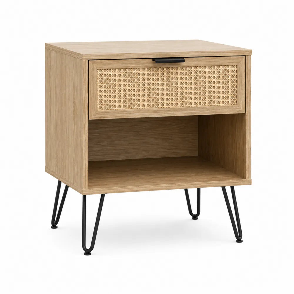 Wood Nightstand with Rattan Drawer and Metal Legs, Natural, 19.7in x 15.7in x 23.6in