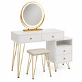 White Wood and Gold Metal Vanity Set with Mirror and Stool 120cm