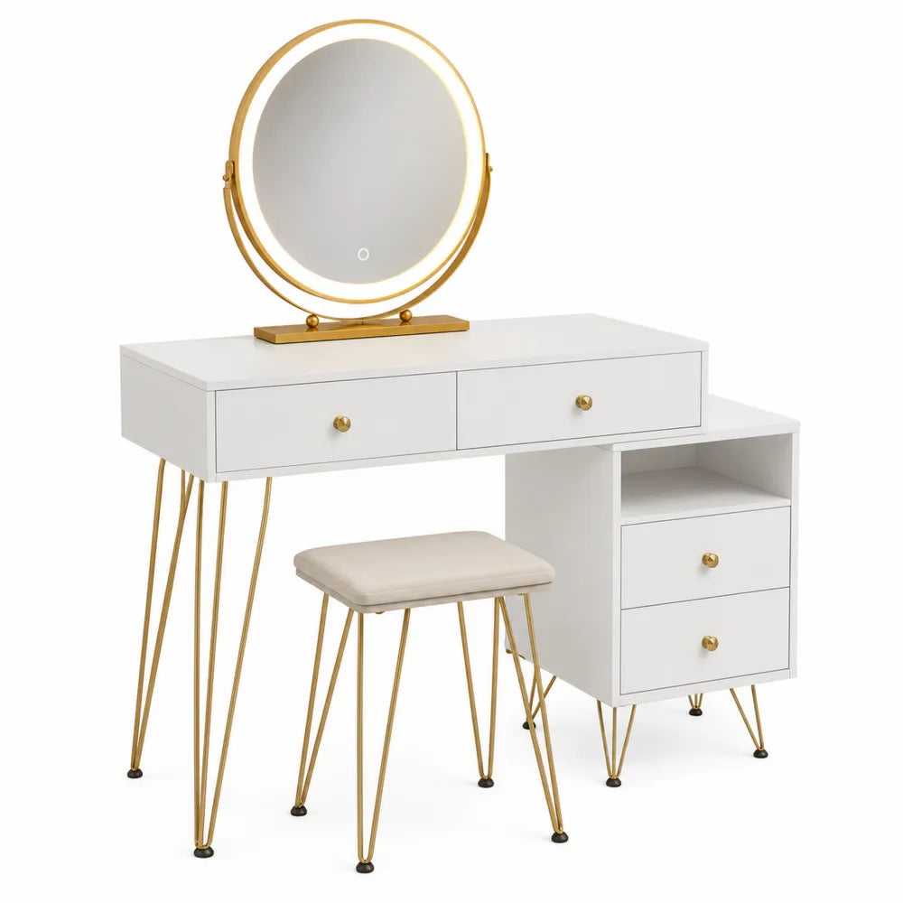 White Wood and Gold Metal Vanity Set with Mirror and Stool 120cm