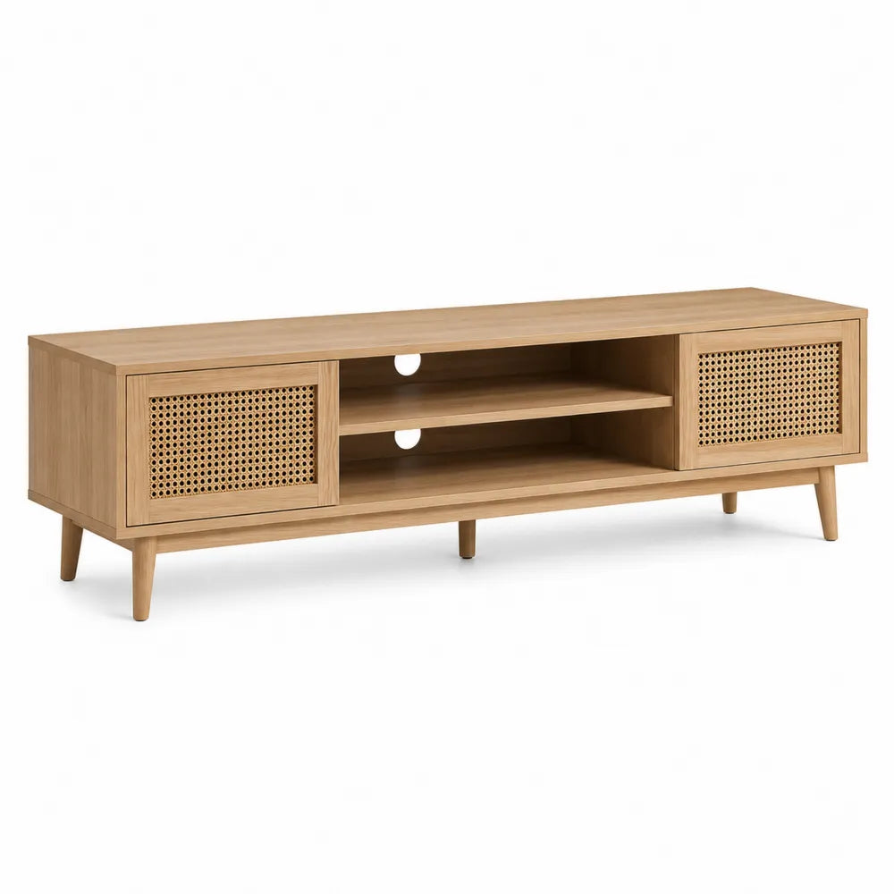 Oak TV Stand with Rattan Doors 160x40x50 cm