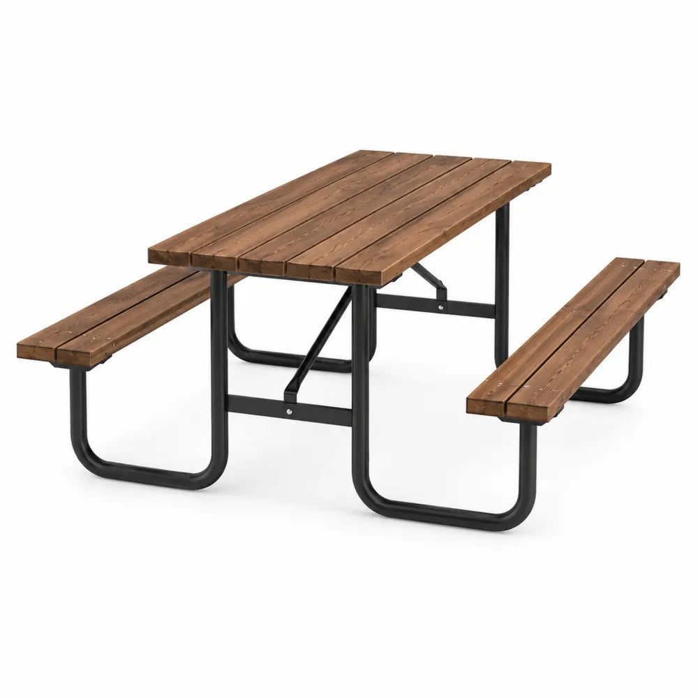 Rectangular Wood and Steel Outdoor Dining Table Set