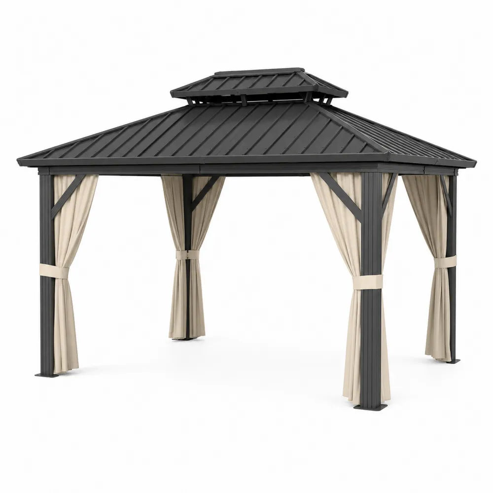 Square Metal Frame Gazebo with Steel Roof and Polyester Curtains 3m x 3m
