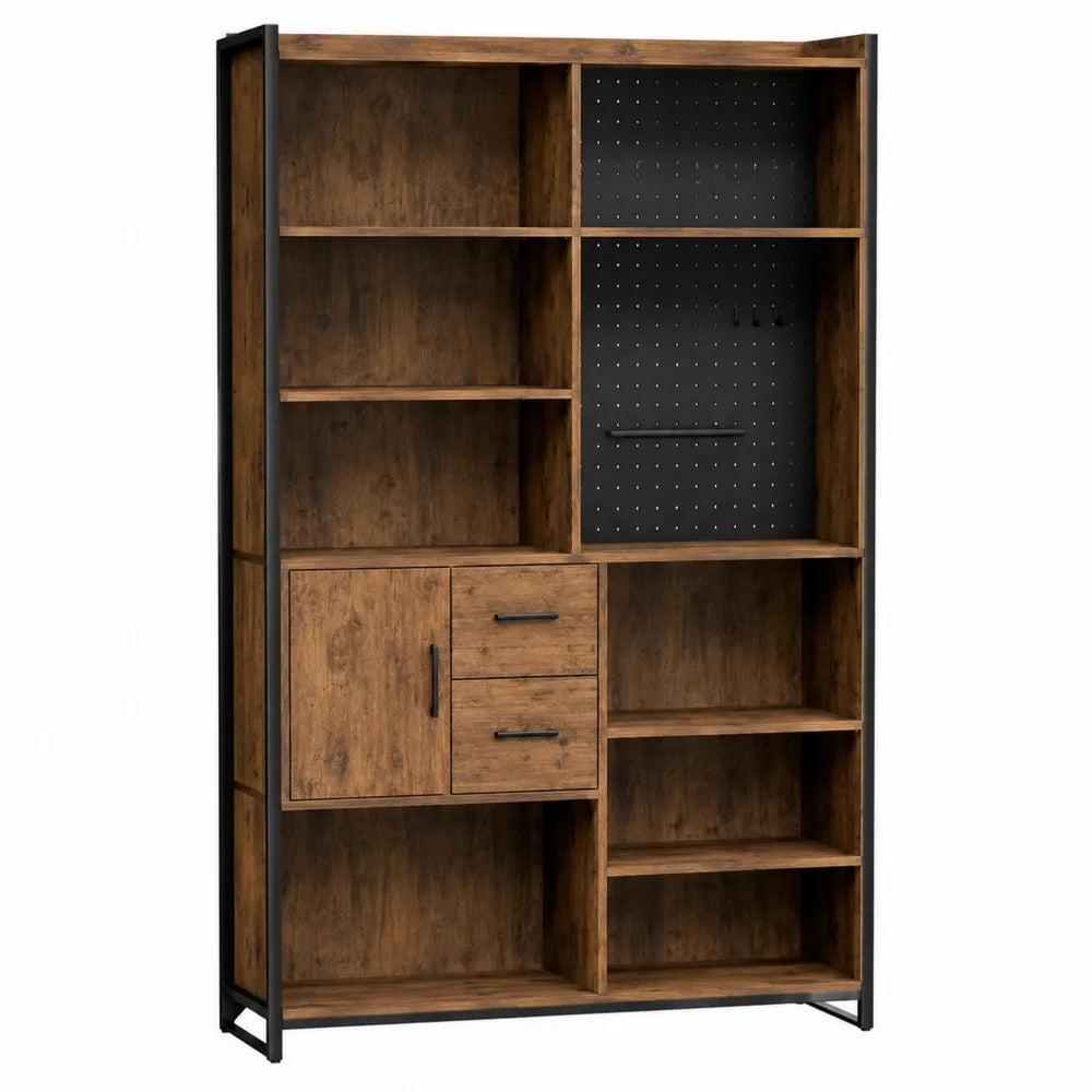 Industrial Metal and Wood Bookcase with Cabinet and Pegboard