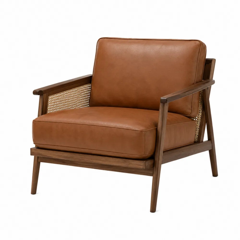Faux Leather Lounge Chair with Cane Backrest and Wooden Frame