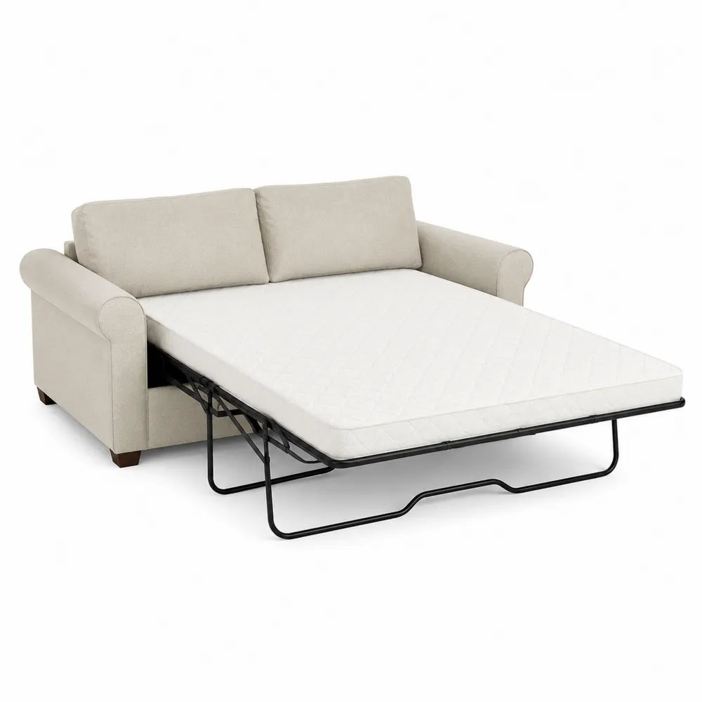 Beige Fabric Sleeper Sofa with Rolled Arms and Pull-Out Bed