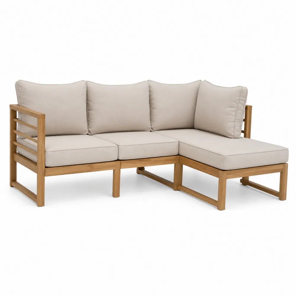 Outdoor Sectional Sofa Set L-Shaped Acacia Wood Beige Cushions