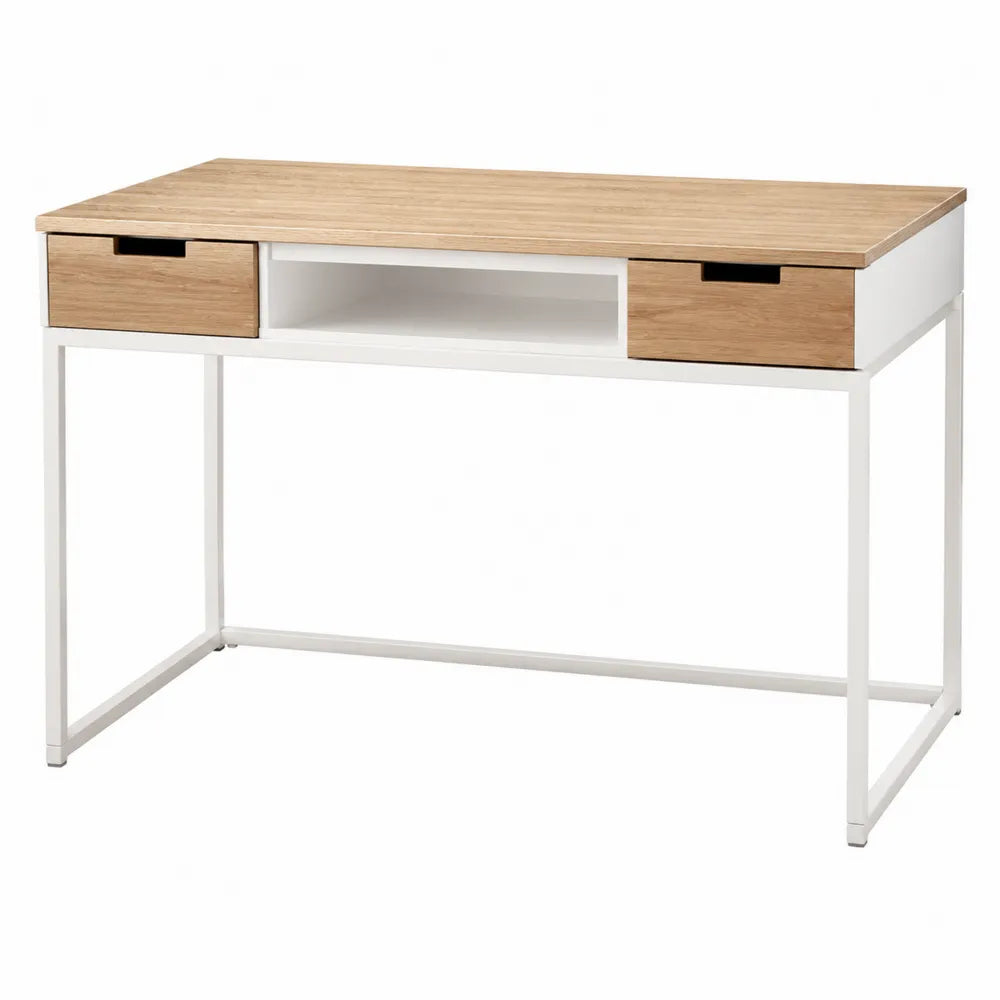 Wooden Top Metal Frame Desk with Drawers Natural/White