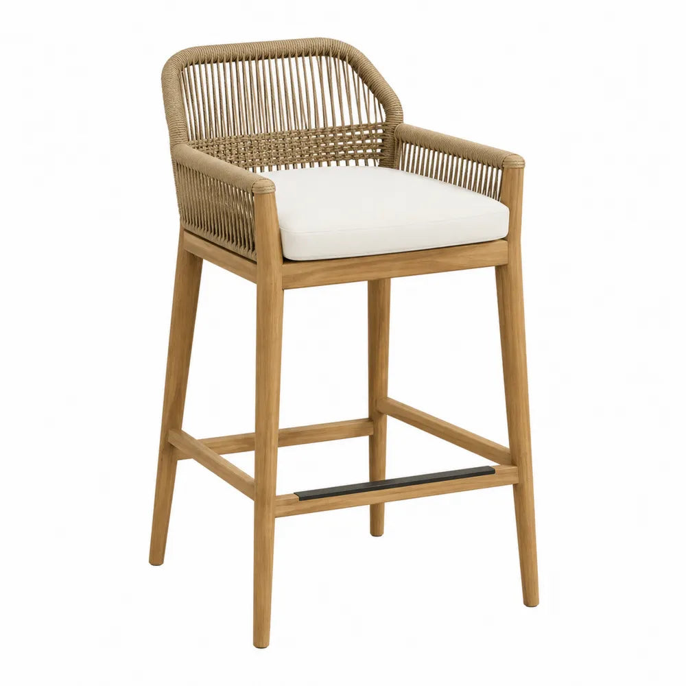 Teak Outdoor Bar Chair with Rope Back, Beige Cushion, 105cm