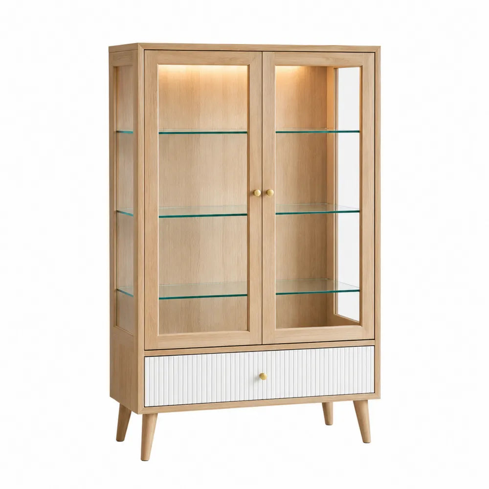 Wood Display Cabinet with Glass Shelves and Drawer, 120cm x 40cm x 180cm