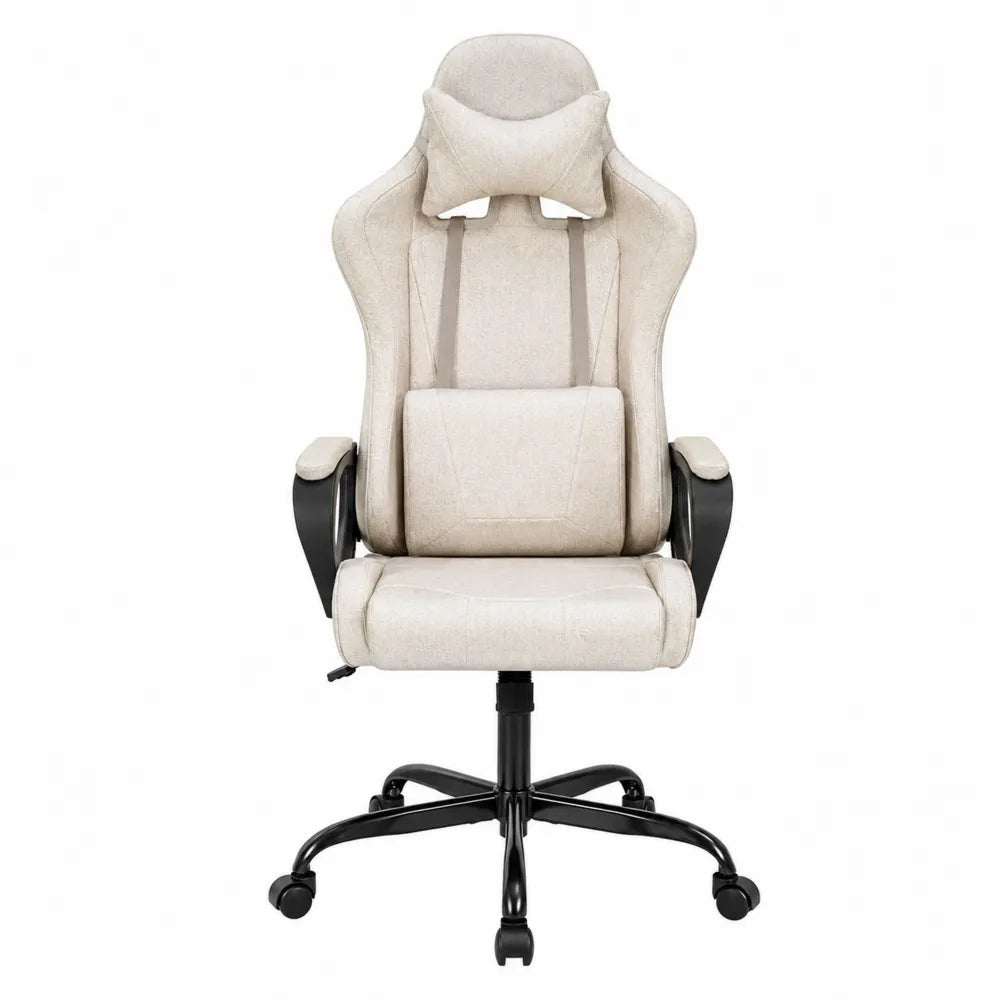 Fabric Gaming Office Chair with Headrest and Lumbar Support in Beige