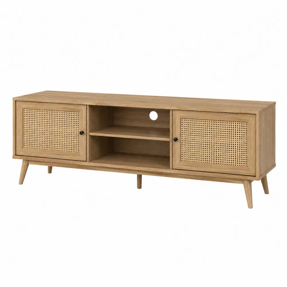 Wood Entertainment Center with Rattan Doors - Natural Finish 150cm