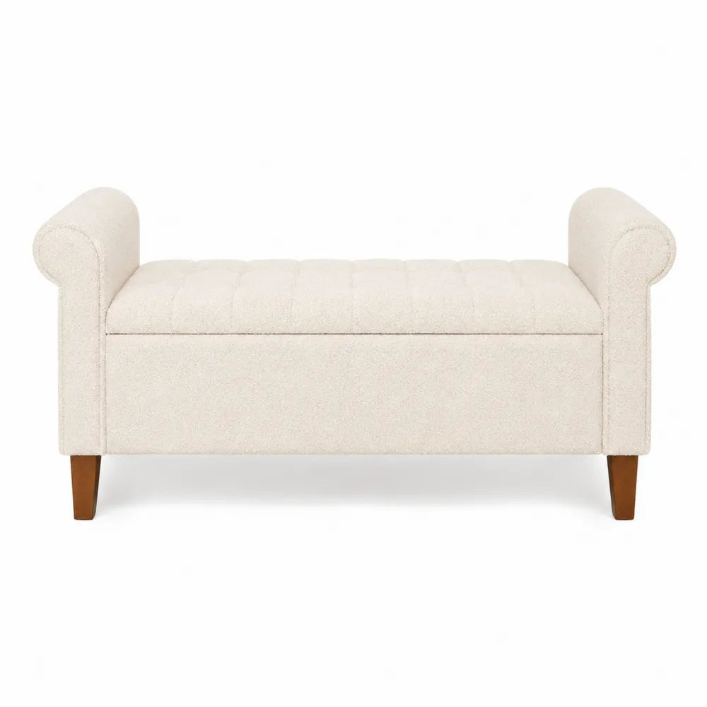 Boucle Fabric Storage Bench with Rolled Arms 120cm Beige