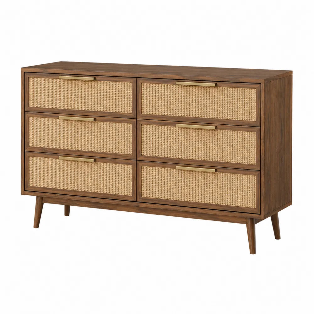 Wood Dresser with Rattan Fronts and Six Drawers, Brown, 120cm x 40cm x 75cm
