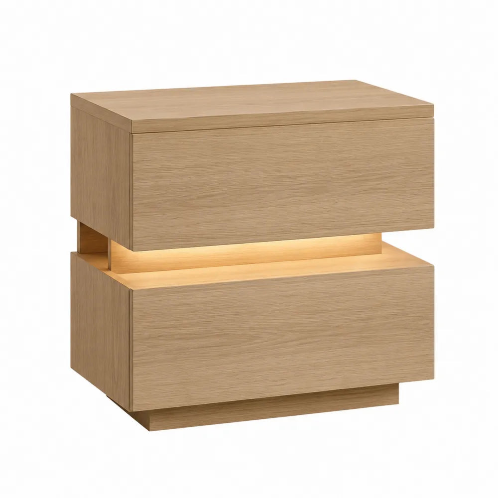 Oak Veneer Nightstand with LED Lighting 2-Drawer 60x40x50 cm