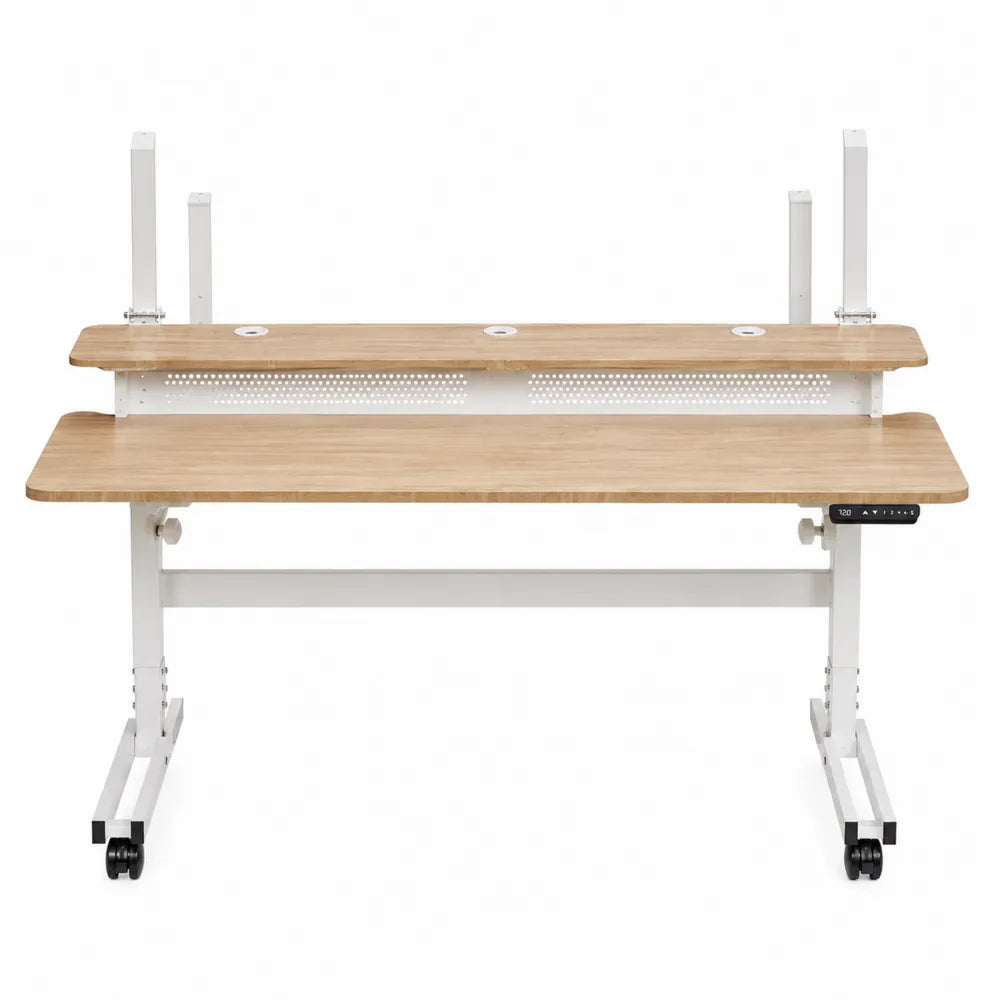 Adjustable Standing Desk with Bamboo Top and White Steel Frame
