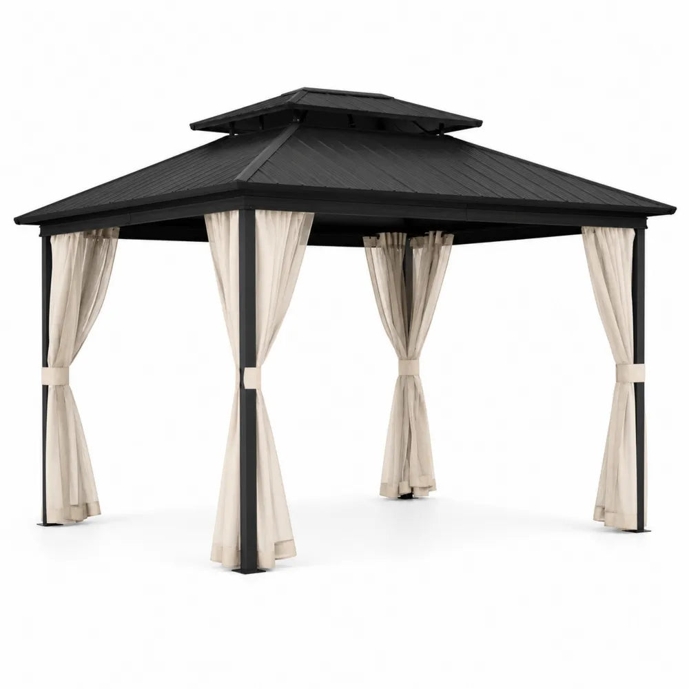 Outdoor Gazebo Aluminum Frame with Polyester Curtains 12ft x 10ft Black Beige