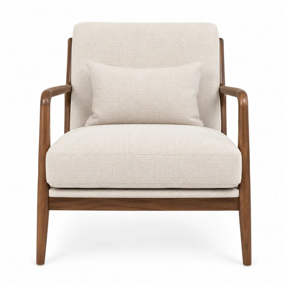 Beige Fabric Armchair with Cushion and Wooden Frame