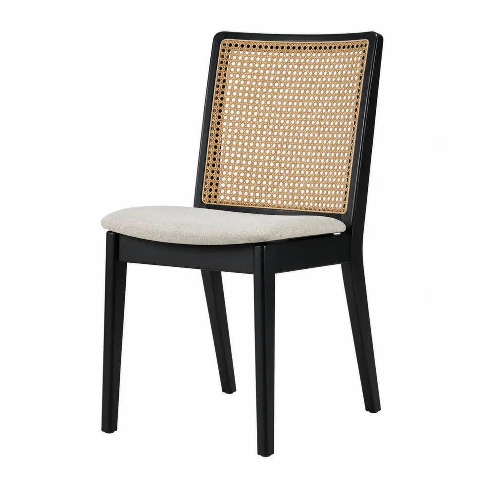 Dining Chair with Cane Back and Wood Frame, Linen Seat, Black