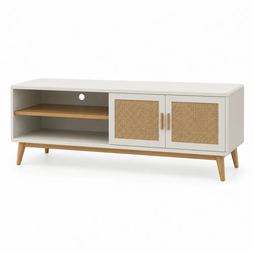 Mid-Century TV Stand with Rattan Doors MDF and Solid Wood Legs Beige