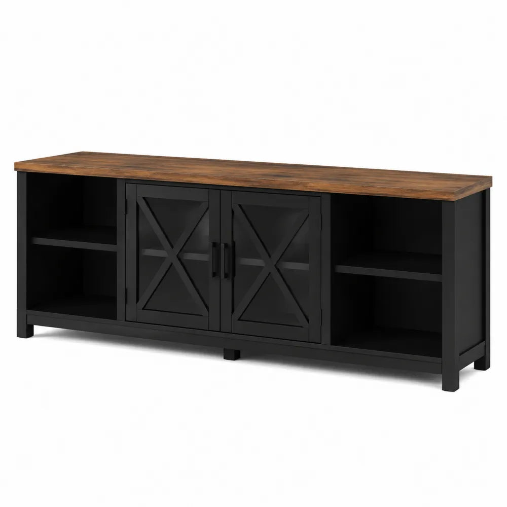 Wood TV Stand with Storage Cabinets Black and Brown