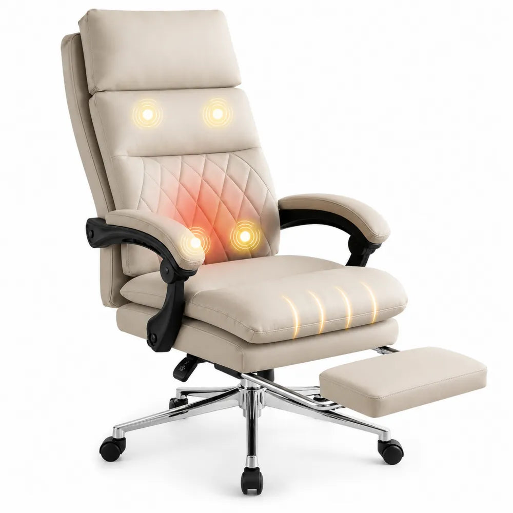 Beige PU Leather Reclining Massage Chair with Footrest