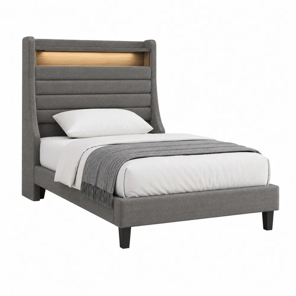 Gray Upholstered Platform Bed with Wood Accent Headboard