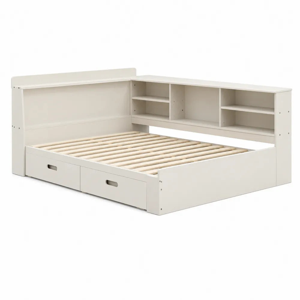 Wooden Corner Bed with Storage Drawers and Bookshelves 195x120x100cm