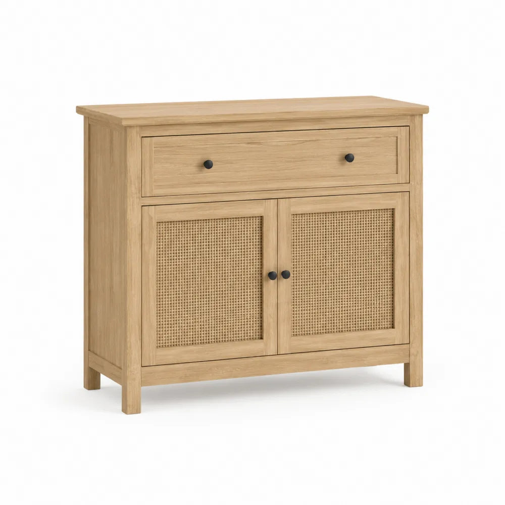 Wooden Sideboard with Rattan Doors and Drawer 90cm x 40cm x 80cm