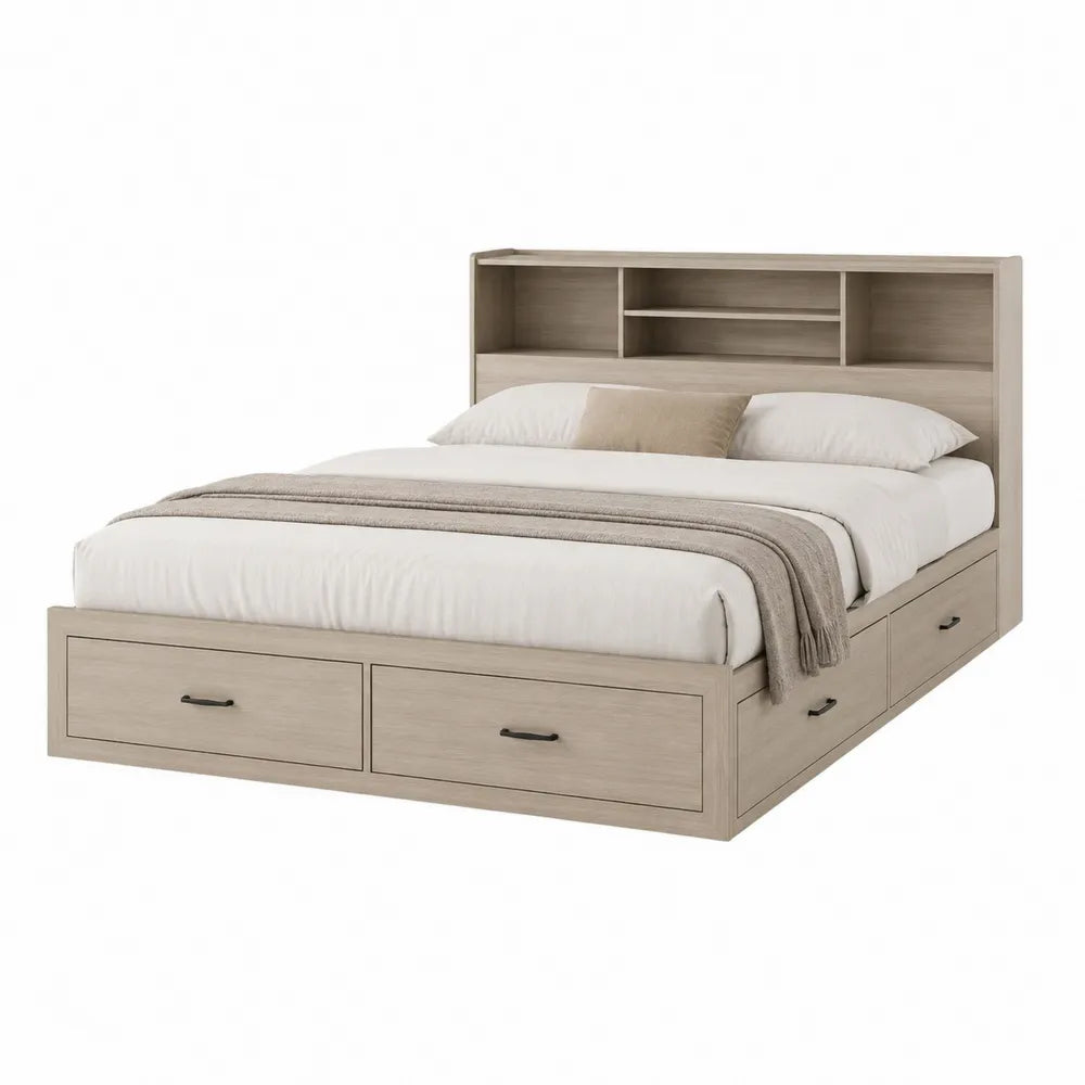 Queen Platform Bed with Storage Drawers and Shelved Headboard Wood Beige