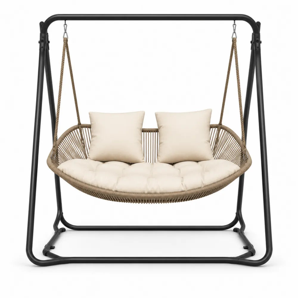 Outdoor Steel Frame Hammock with Synthetic Rope and Beige Polyester Cushions