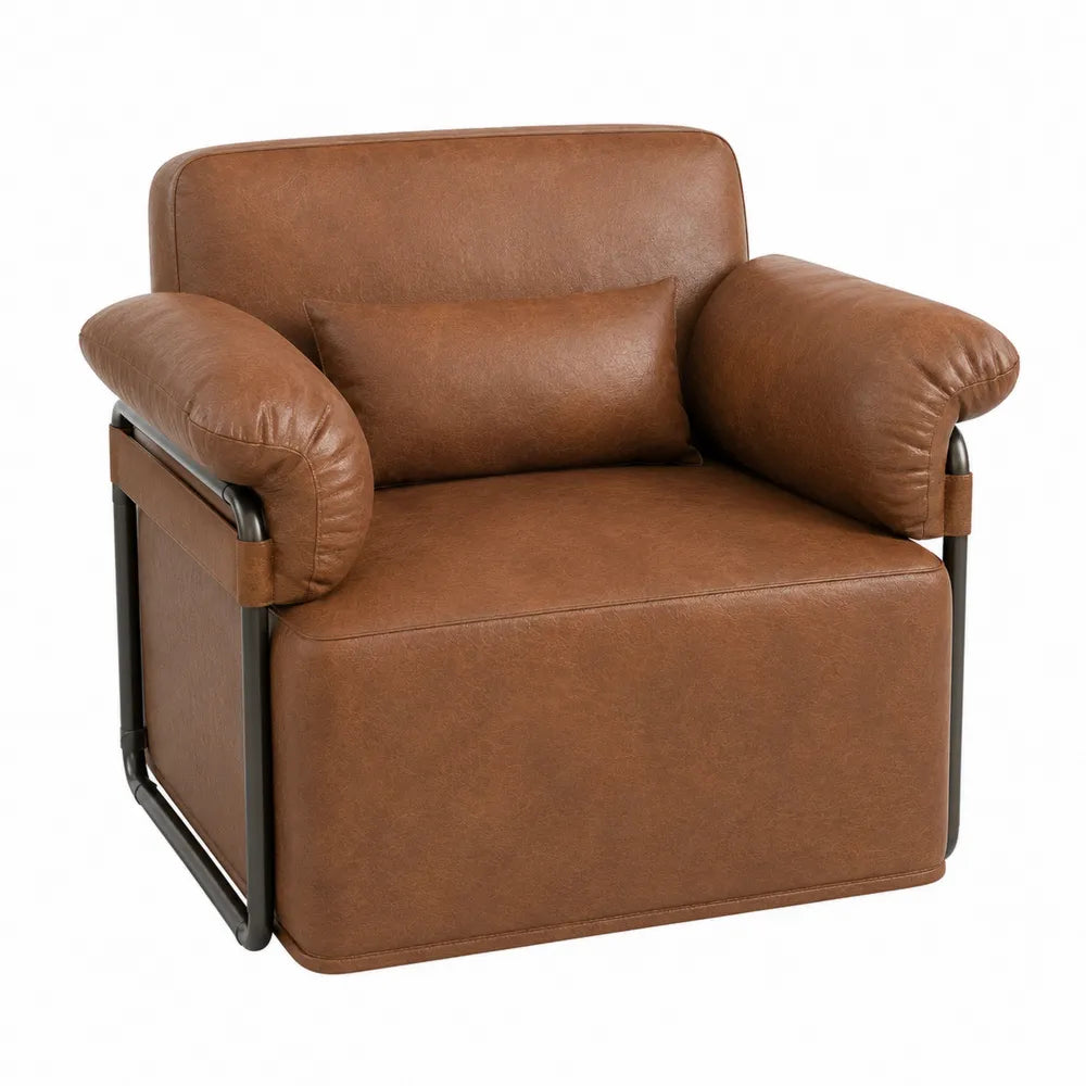 PU Leather Armchair with Cushion and Steel Frame, Brown