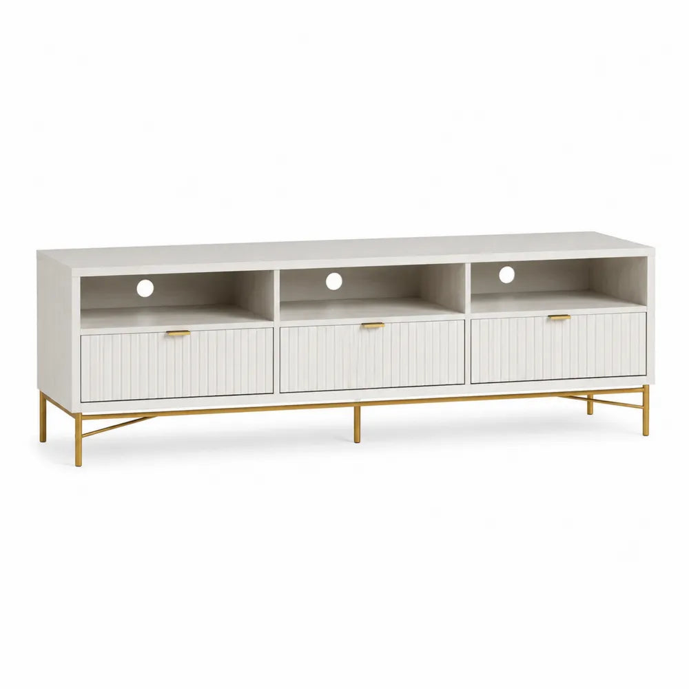 White TV Stand with Gold Metal Legs and Storage Drawers
