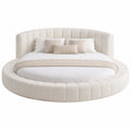 Round Upholstered Platform Bed with Polyester Fabric in Beige 240cm Diameter