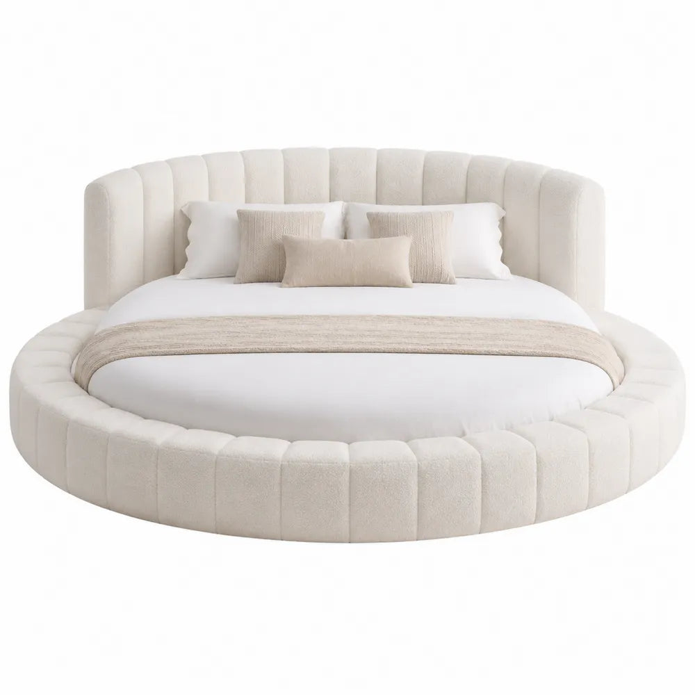 Round Upholstered Platform Bed with Polyester Fabric in Beige 240cm Diameter