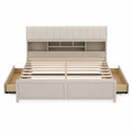 Queen Wood Storage Bed with Linen Upholstered Headboard and Shelves
