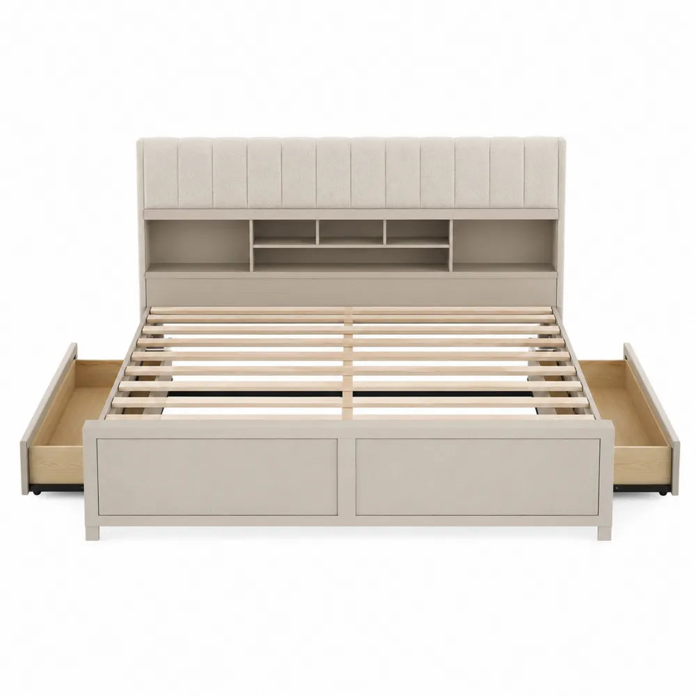 Queen Wood Storage Bed with Linen Upholstered Headboard and Shelves