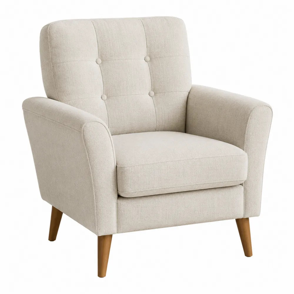 Beige Fabric Upholstered Armchair with Wooden Legs