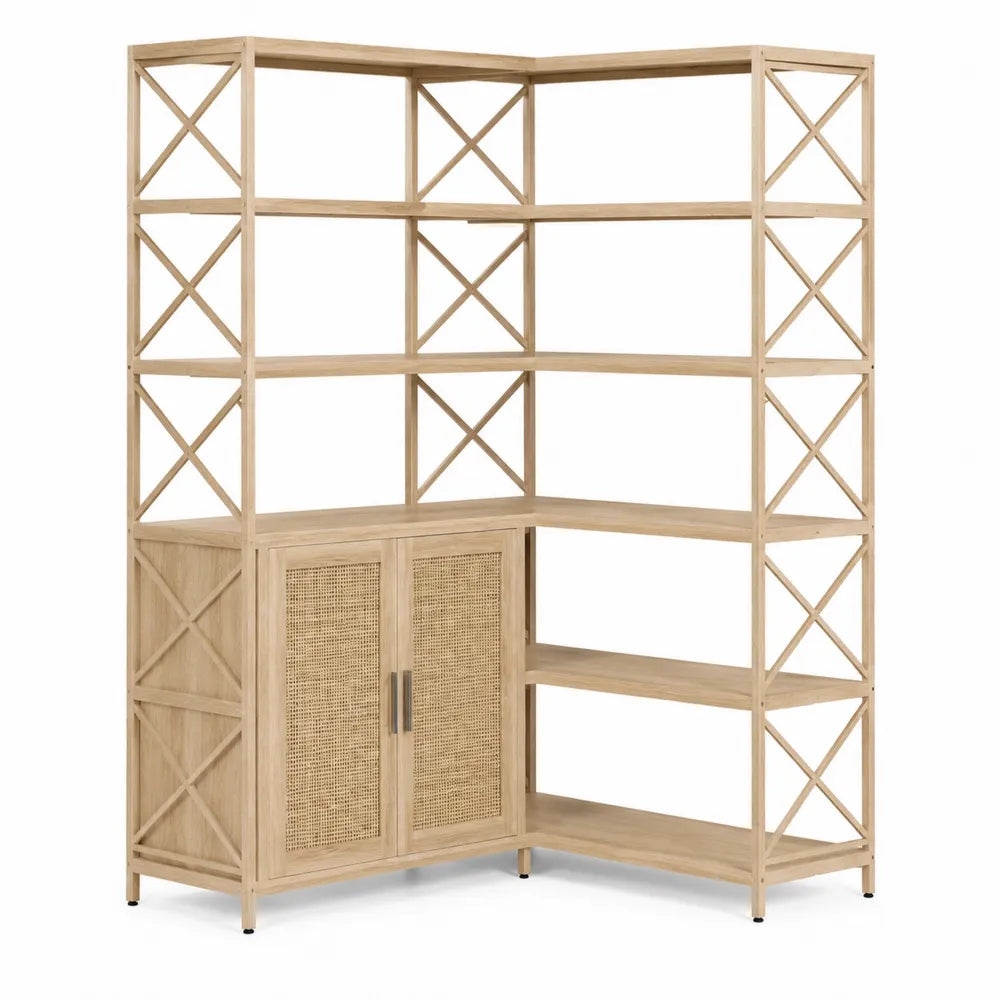 Wood Corner Bookcase with Rattan Doors Natural Finish 180cm